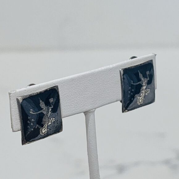 Vintage Siam Silver Earrings Black Enamel Clip On Square Dancer - Picture 6 of 12